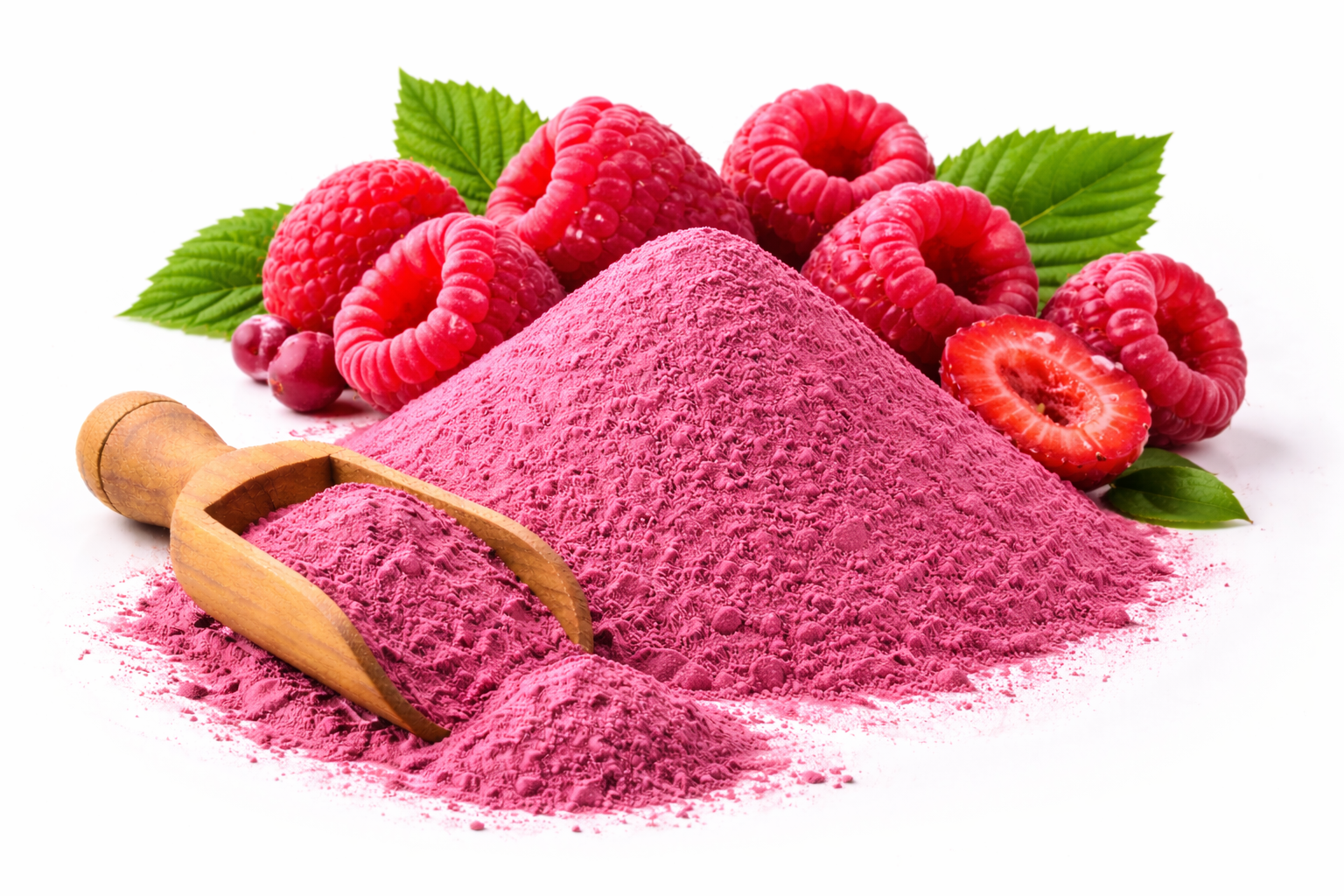 Raspberry powder made from dried raspberries showing natural pink colour with fresh raspberries on white background