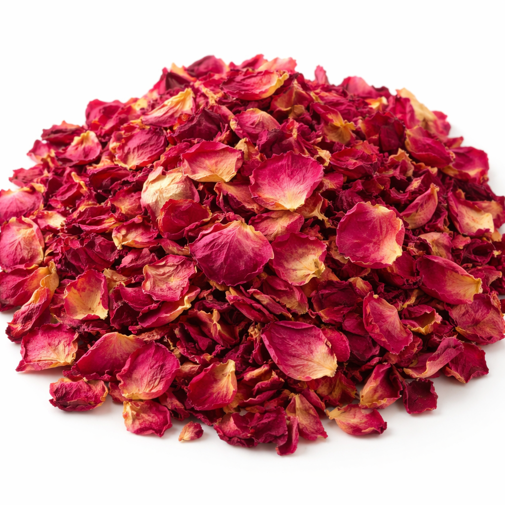 Dried Rose Petal Whole natural Rosa damascena petals on white background
