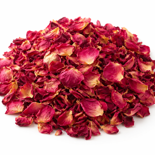 Dried Rose Petal Whole natural Rosa damascena petals on white background