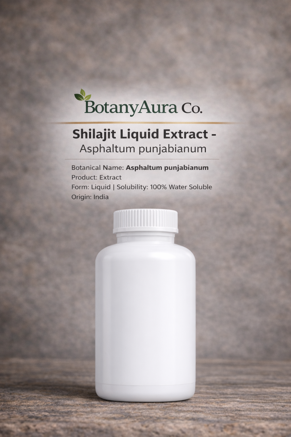 Shilajit Water Soluble Extract by BotanyAura Co. in white bottle