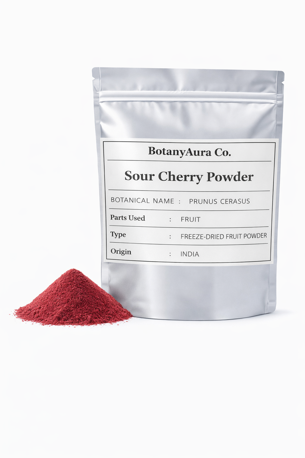 Sour cherry powder prunus cerasus in silver pouch packaging with fine red fruit powder by BotanyAura Co