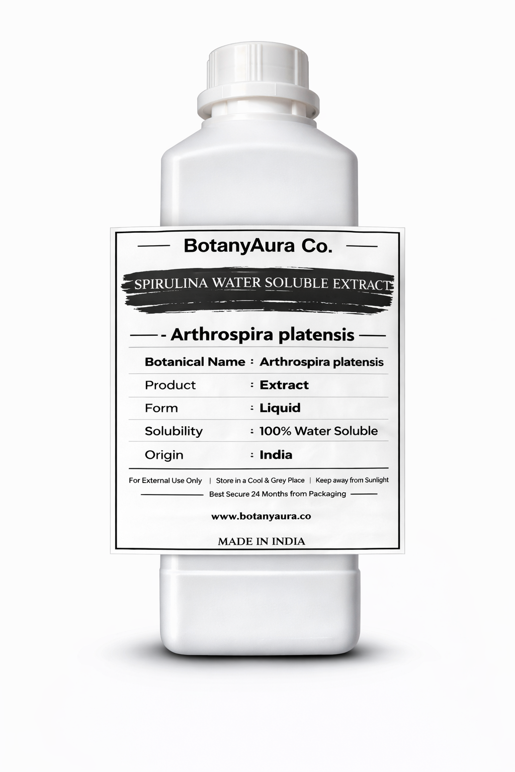 Spirulina Water Soluble Extract by BotanyAura Co. in white bottle