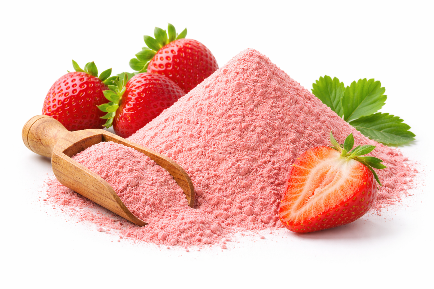 Pure strawberry powder made from dried strawberries on white background