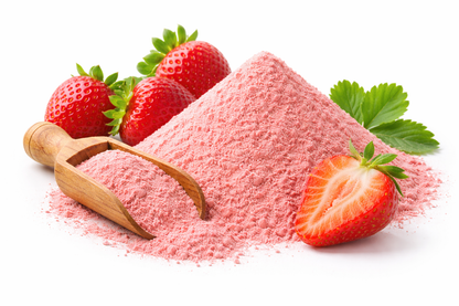 Pure strawberry powder made from dried strawberries on white background