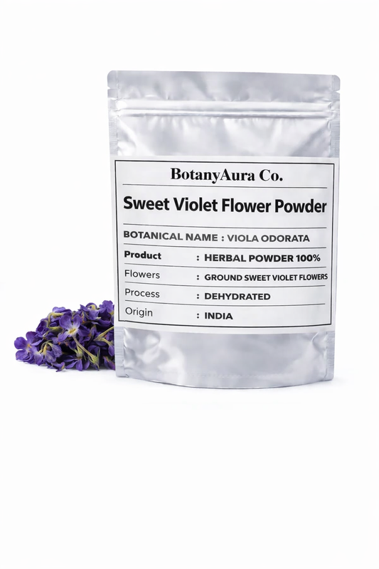 Sweet Violet Flower Powder Viola odorata in silver pouch packaging by BotanyAura Co with purple violet flowers