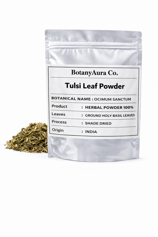 Tulsi leaf powder ocimum sanctum in silver pouch packaging with dried holy basil leaves by BotanyAura Co