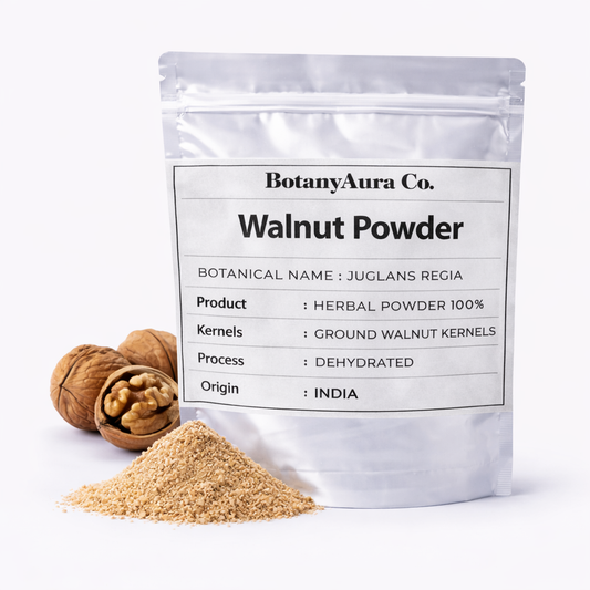 Walnut Powder in silver pouch with whole walnuts and ground powder on white background premium product shot